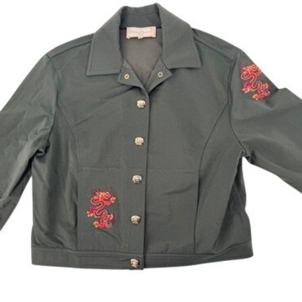 St John Sport Jacket Marie Gray Green Dragon Embroidered Gold‎ Logo Buttons Sz S